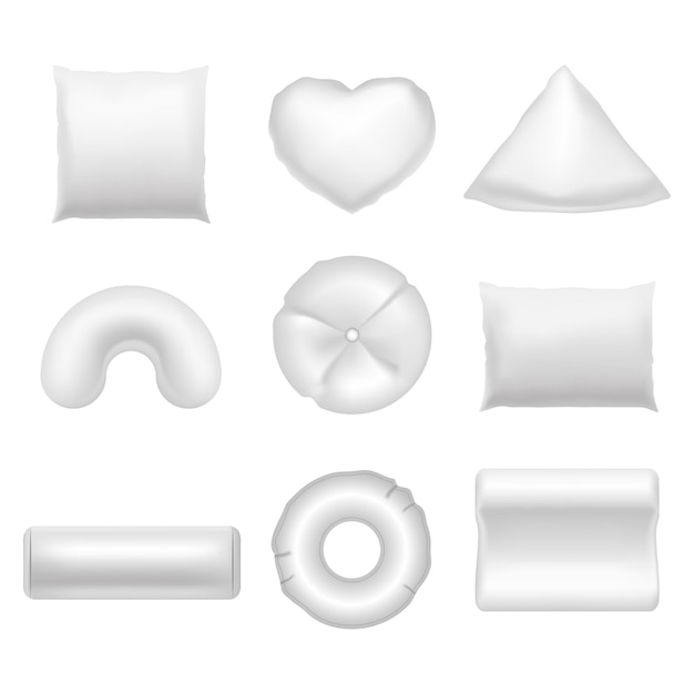 リアルな詳細な3Dホワイトブランク枕 空のテンプレートモックアップセット モックアップクッションベクトルイラスト