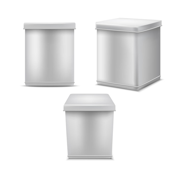Realistico dettagliato 3d white blank tin can template mockup set per cereali caffè tè zucchero spezie e prodotto secco illustrazione vettoriale