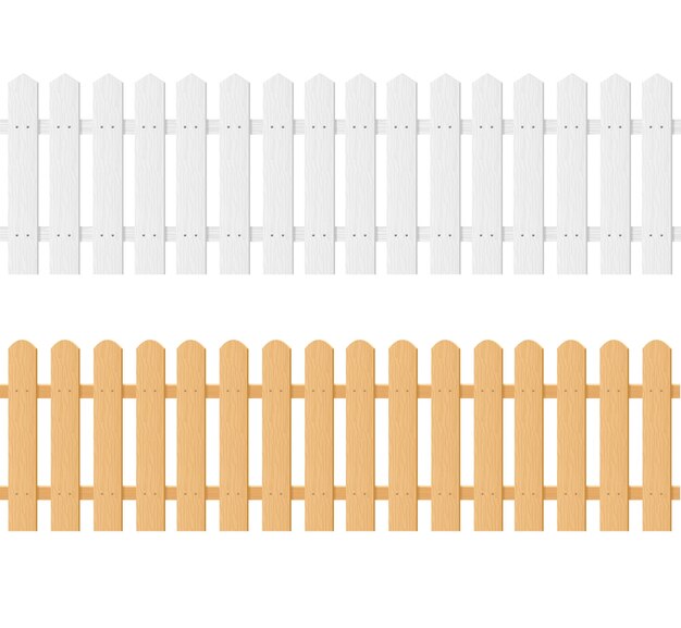 Vector realistic detailed 3d white and brown wood fence set vector illustration of different type wooden barrier