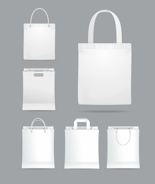 Vettore realistico dettagliato 3d white shopping tote bag tessuto tessuto vuoto modello mockup set illustrazione vettoriale