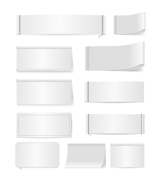 リアルな詳細な3dホワイトテキスタイルラベル 空のテンプレートモックアップセット ベクトルイラストのバッジと縫製