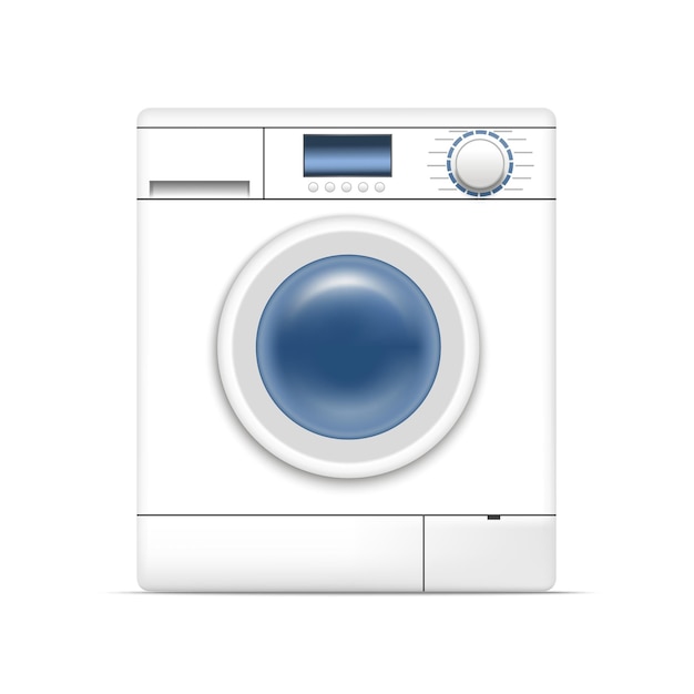 Realistic detailed 3d white washing machine appliance laundry housework equipment on a white background vector illustration of laundromat