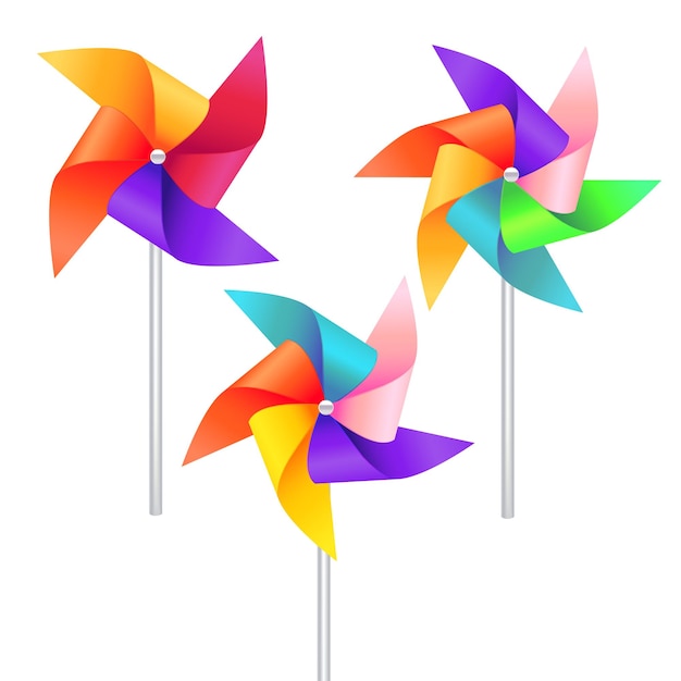 Vector realistic detailed 3d wind mill toy set isolated on a white background vector illustration of pinwheel or windmill wheel rotation