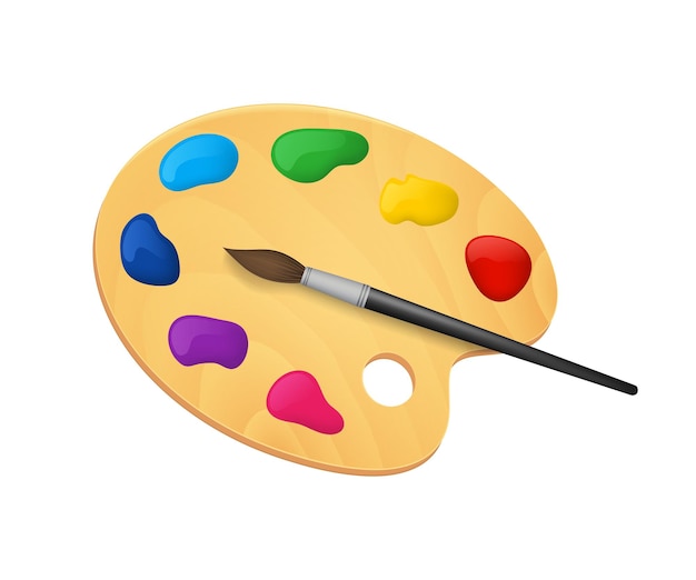 Realistic Detailed 3d Wooden Art Palette with Paints and Brush Vector