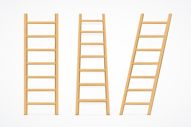 Realistic Detailed 3d Wooden Ladder Set Vector