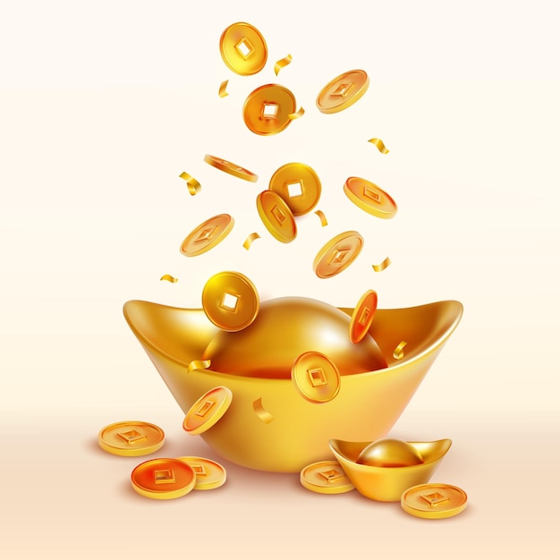 realistic detailed 3d yuan bao chinese gold and falling coins set vector