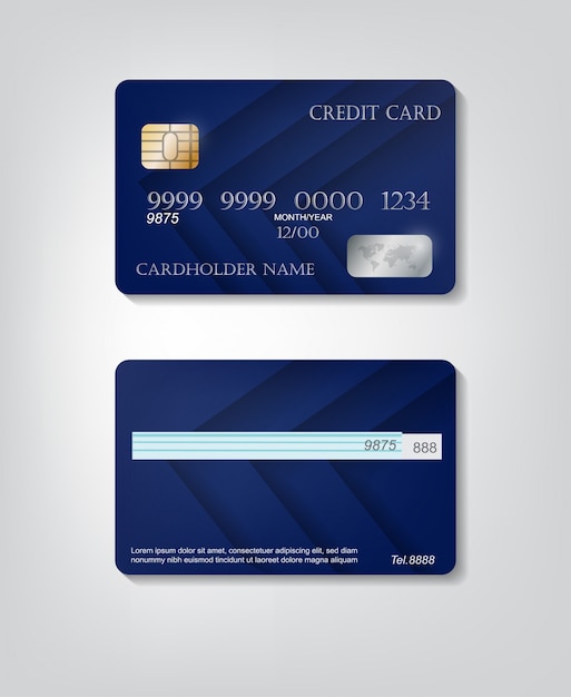 Realistic detailed credit cards set with colorful blue abstract background. front and back side template