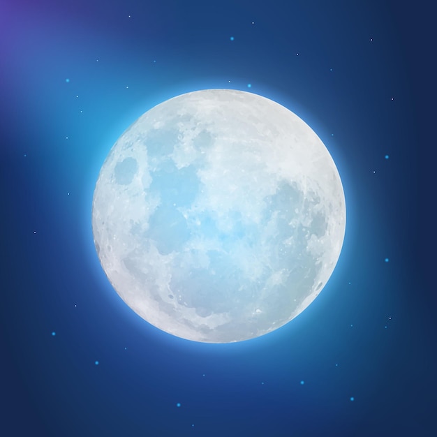 Luna piena dettagliata realistica nel cielo blu con le stelle. illustrazione vettoriale eps10