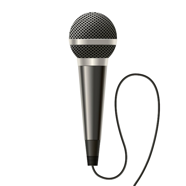 Realistic detailed modern metal microphone witch mesh and cable isolated on a white background . vector illustration