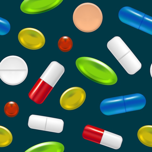 Реалистичные подробные таблетки капсулы и наркотики фоновый узор вектор