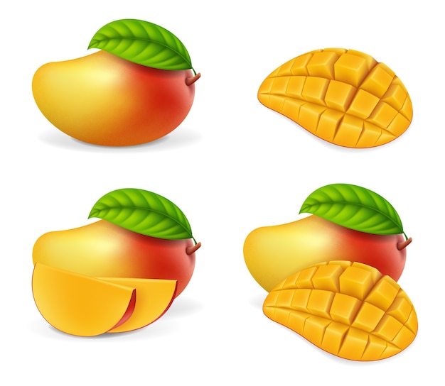 Реалистичное подробное целое и кусочки манго