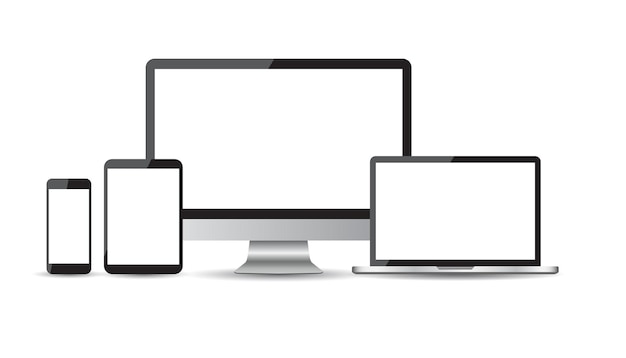 現実的なデバイスフラットアイコンスマートフォンタブレットラップトップとデスクトップコンピューターベクトル図