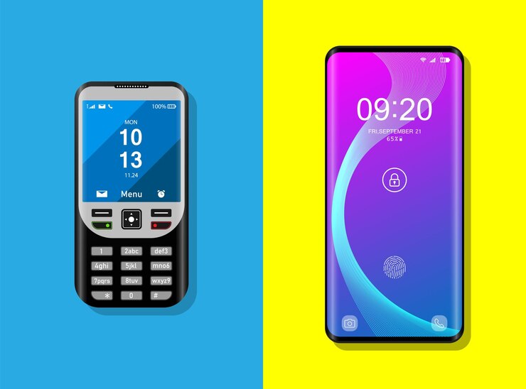Vector realistic device mockup new smartphone vs old simple phone vector illustration