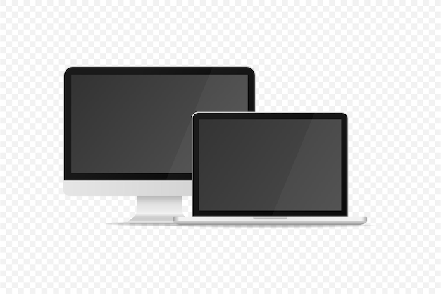 透明な背景に分離されたリアルなデバイスのモックアップセット。モニターとラップトップの現実的なセット。ベクトルグラフィック。 eps 10