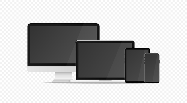透明な背景に分離された現実的なデバイスのモックアップセットモニターラップトップタブレットスマートフォンの現実的なセットベクトルグラフィックEPS10