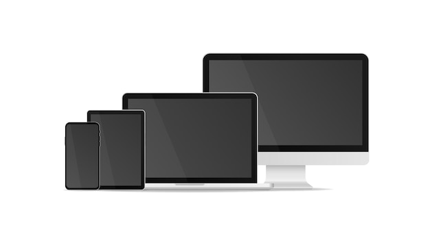 Realistic device mockups set isolated on transparent background. Realistic set of monitor, laptop, tablet, smartphone.