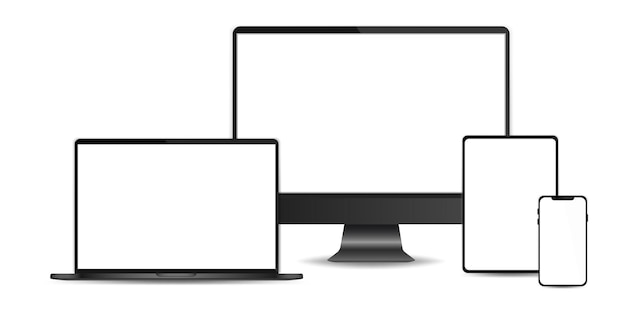 ダークブラックバージョンの現実的なデバイスセットのモックアップベクトルイラストラップトップコンピュータータブレットと電話コレクション
