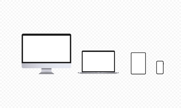 現実的なデバイスのアイコンセット。コンピューターの画面、ノートブック、タブレット、スマートフォン。軽いテーマ。ラップトップ、pcディスプレイ。孤立した透明な背景上のベクトル。 eps10。