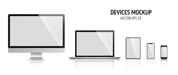 Реалистичные устройства набор Монитор, ноутбук, планшет, смартфон темно-серого цвета