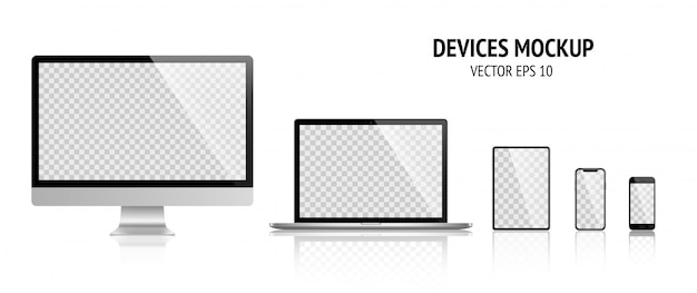 모니터, 노트북, 태블릿, 스마트 폰 어두운 회색의 현실적인 장치 세트