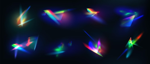 Riflessione realistica del diamante, effetto ottico della luce arcobaleno. cristallo, gioielli, prisma o riflesso lente. insieme di vettore di scintille incandescenti iridescenti. collezione di bagliori a spettro colorato, fasci luminosi