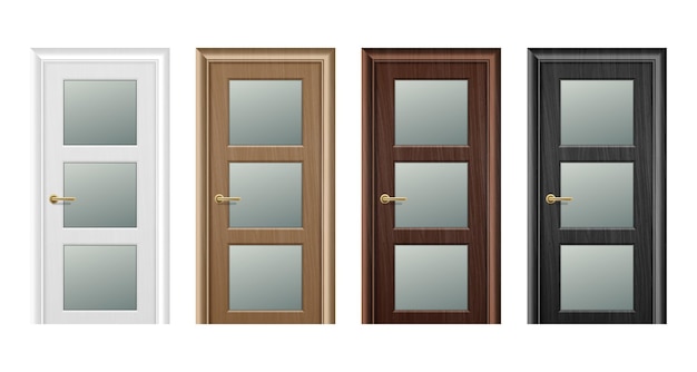 Vector realistic different closed brown wooden door icon set closeup isolated