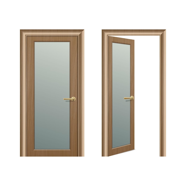 Вектор Реалистичные различные открытые и закрытые коричневые деревянные двери набор иконок крупным планом изолированы