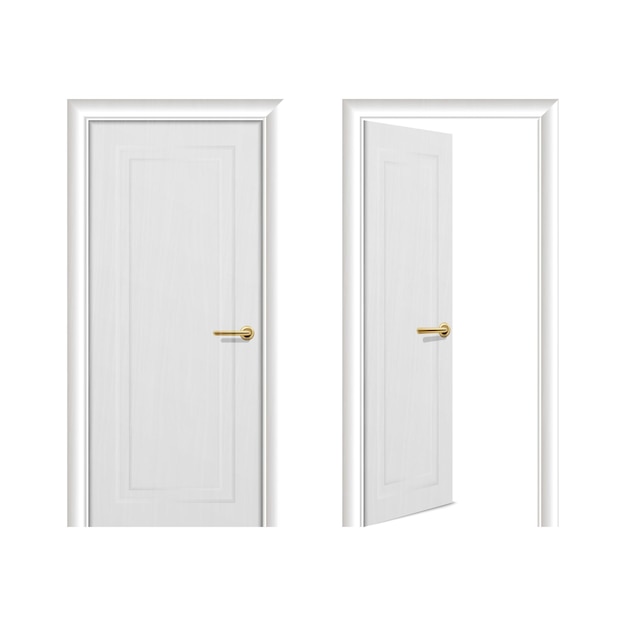 Vector realistic different opened and closed white wooden door icon set closeup isolated on white