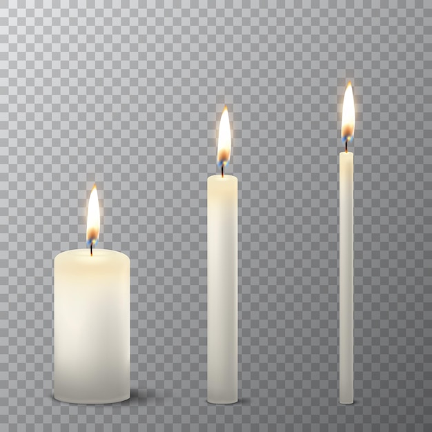 Vector realistic different white paraffin or wax burning party candle icon set closeup isolated