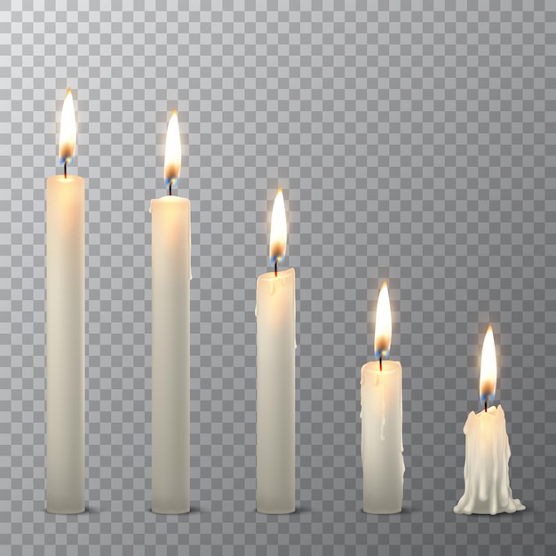 Vector realistic different white paraffin or wax burning party candle icon set closeup isolated