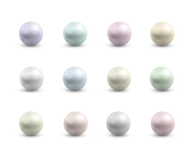 Realistic differents colors pearls set. Round colored nacre. Set of metal balls.