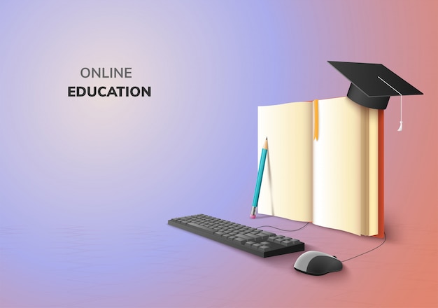 Realistic Digital Online concept. Education Application learning on gradient website background. decor by book lecture pencil  computer mouse keyboard Graduation hat. 3D   Illustration copy space