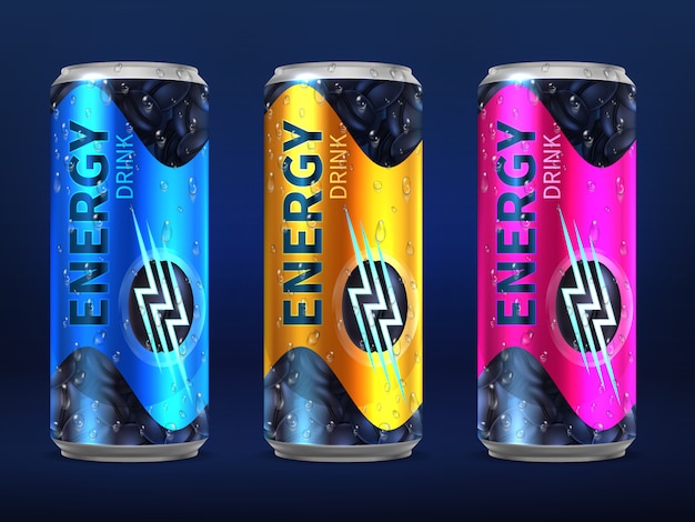 分離されたデザインベクトルテンプレートの異なる色で現実的な使い捨てエネルギー飲み物缶
