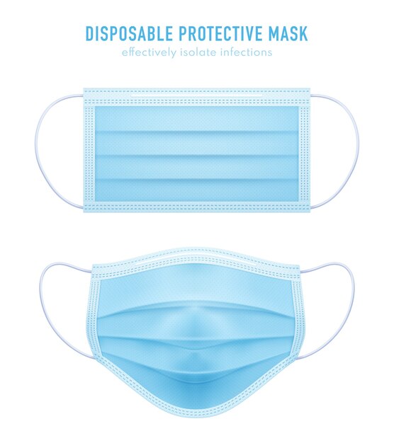  realistic  disposable protective mask. Blue surgical, medical respiratory face mask