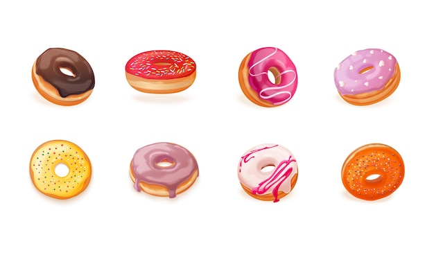 Vector realistic donuts 3d donut in glaze sprinkles glazed doughnut chocolate frosting or round cupcake colourful icing creativity sweets fried pastry dessert exact vector illustration