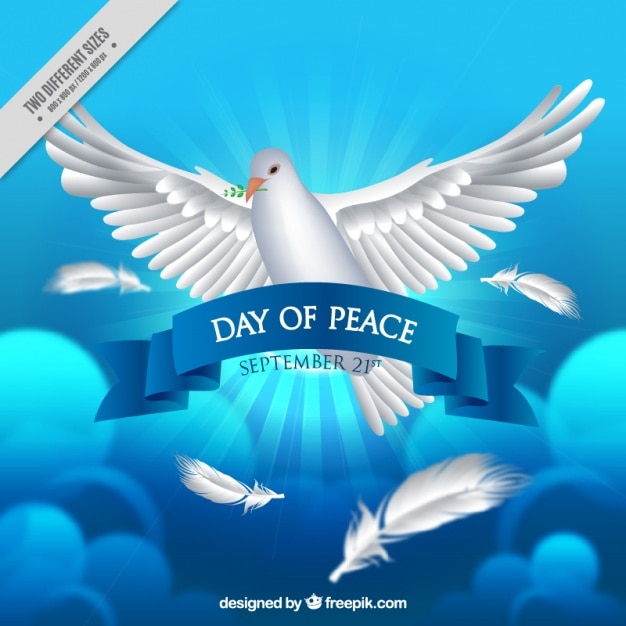 Realistic dove for the day of peace on blue background