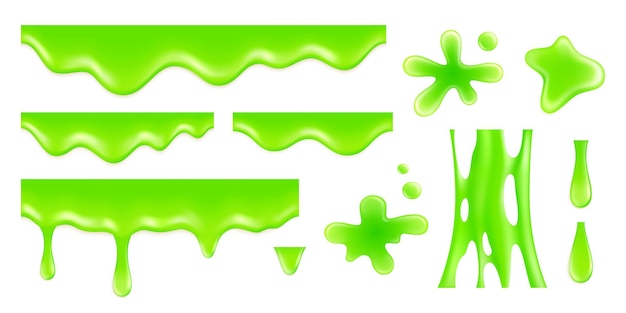 Vector realistic dripping slime. radioactive green blobs and drop. toxic fluid, slimy glow messy splat
