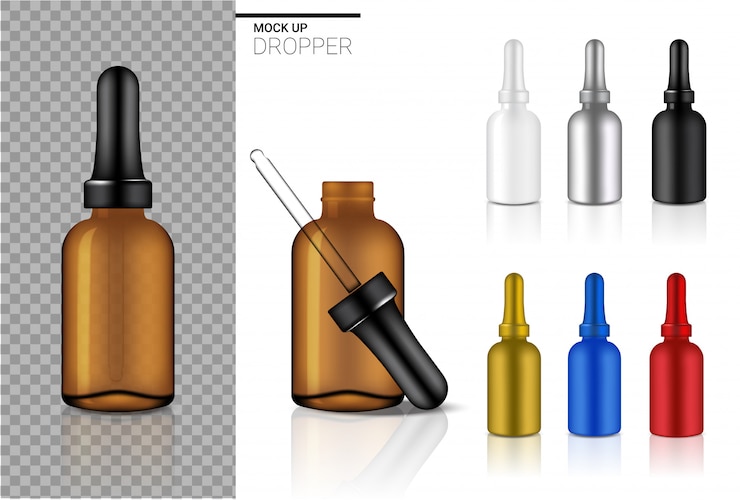 Vector  realistic dropper bottle cosmetic set template with black, transparent amber, silver, red, gold and blue colour for oil or perfume on white  
