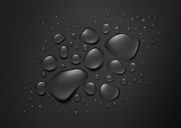 Realistic drops of water on a black background. Black background with splashing water top view. Vector illustration