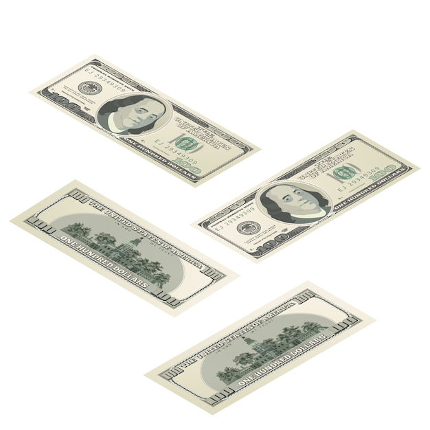 Vector realistic dummy one hundred usa dollars banknote, front and back detailed coupure in isometric view on white