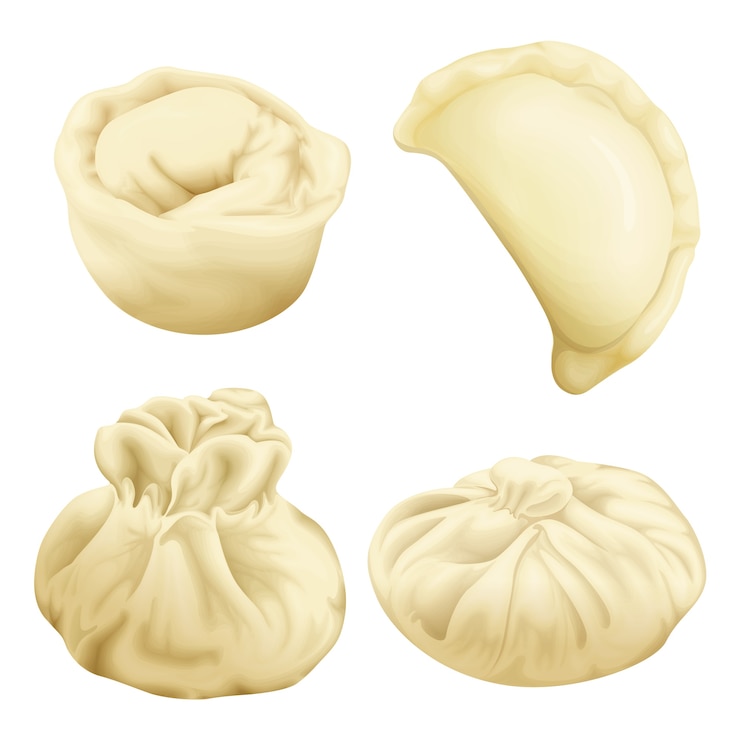 Vector realistic dumplings set. vareniki khinkali xiao long bao baozi. 