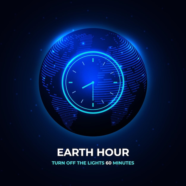 Realistic earth hour illustration with planet and clock