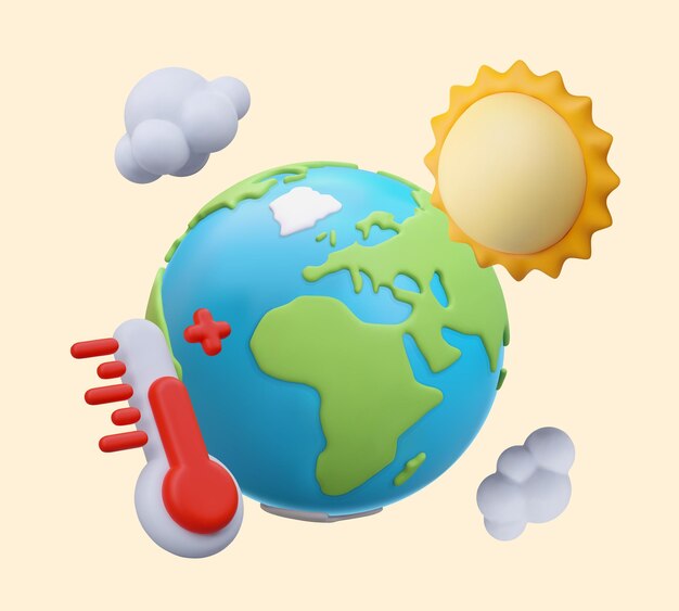 Вектор Реалистичный термометр земли, солнца, облаков и красного цвета всемирный прогноз погоды и концепция климата