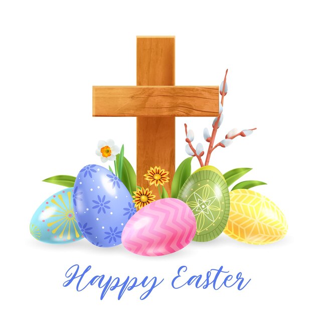 Realistic Easter Christian Cross Composition With Ornate Text And Colored Eggs With Flowers Near Wooden Cross Vector Illustration