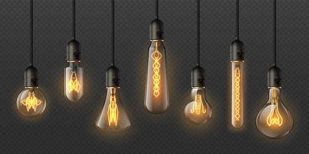 Realistic edison light bulbs. 3d retro hanging steampunk lamps with incandescent lightbulb. Electrical decorative glowing pendant vector set