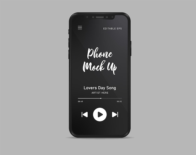 Vettore mockup di telefono nero modificabile realistico con design dell'interfaccia utente del lettore musicale