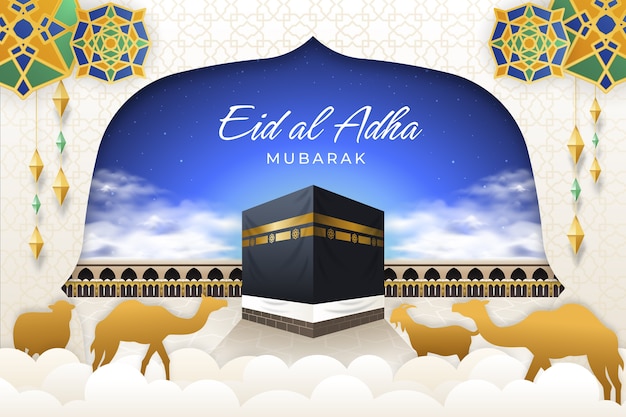 Sfondo realistico di eid al-adha con la mecca e gli animali