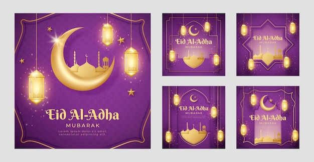 Vector realistic eid al-adha instagram posts collection with lanterns and crescent moon