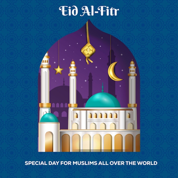 Biglietto di auguri realistico eid al fitr con una moschea nella cornice nella notte