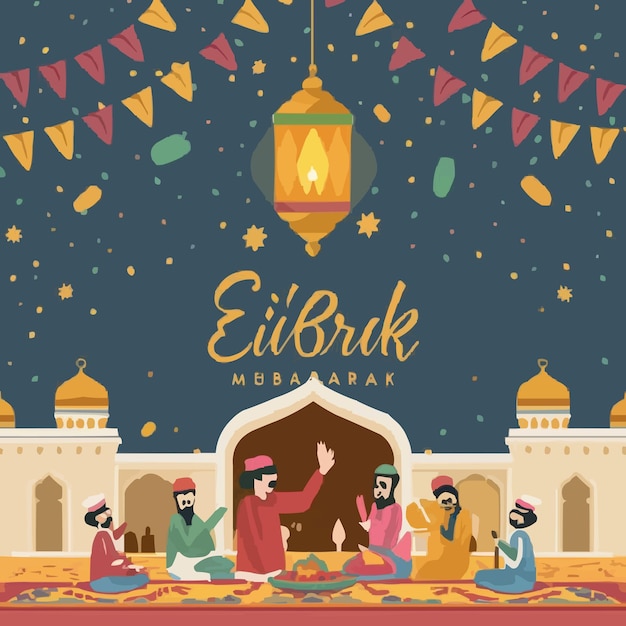 ベクトル ランプと月を描いた現実的なeid alfitrイラスト